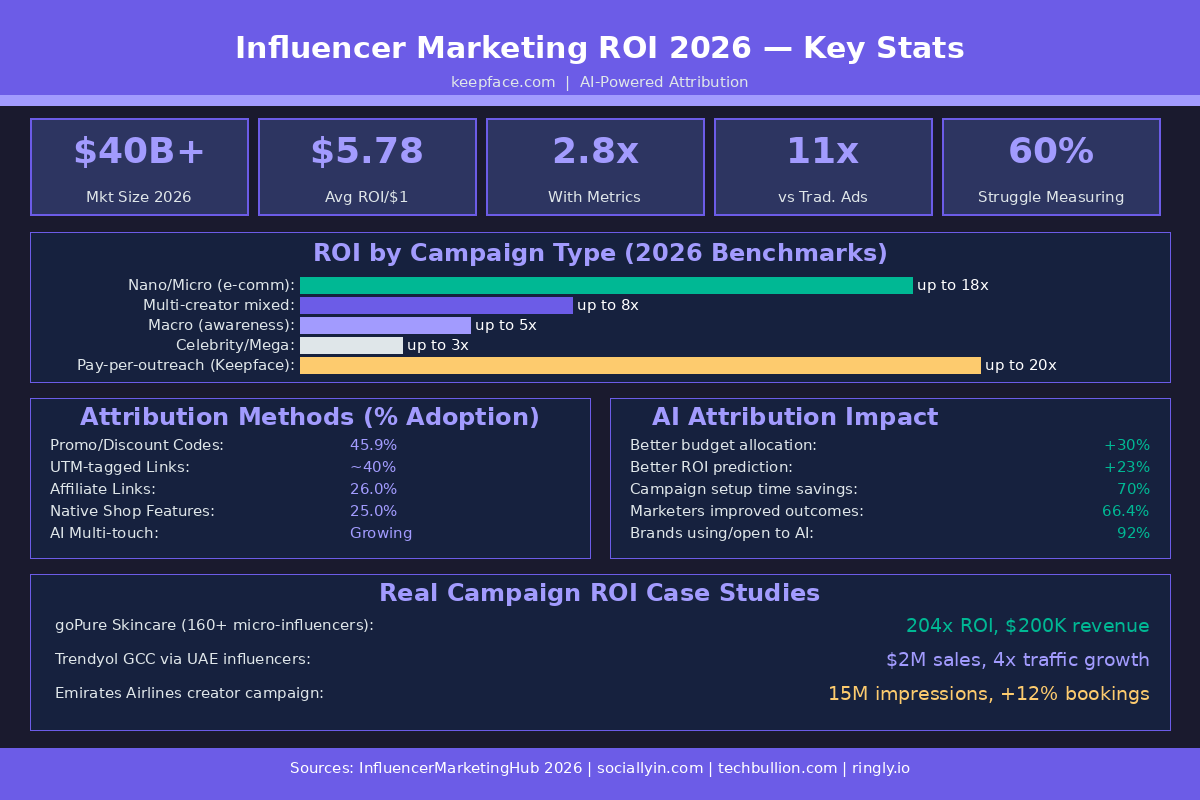 Influencer marketing ROI 2026 infographic showing benchmarks, attribution methods, and AI tools