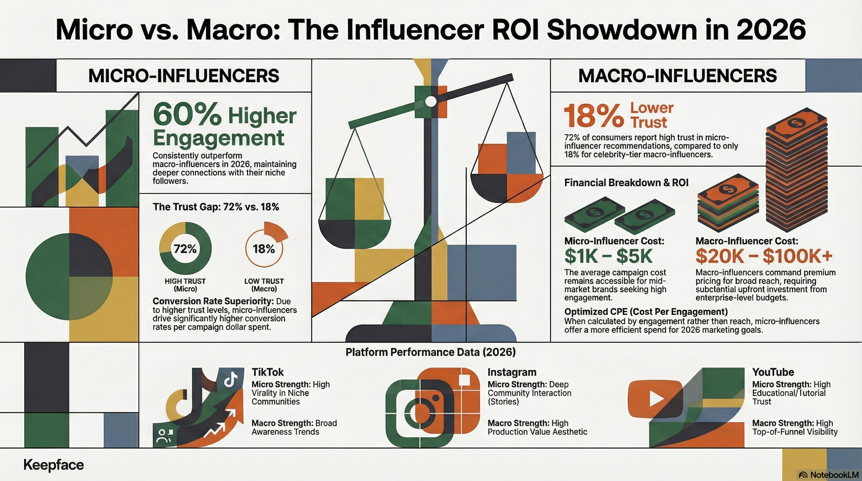 Micro-Influencer vs Macro-Influencer ROI Comparison 2026 infographic showing key statistics, cost breakdown, and engagement rates by tier