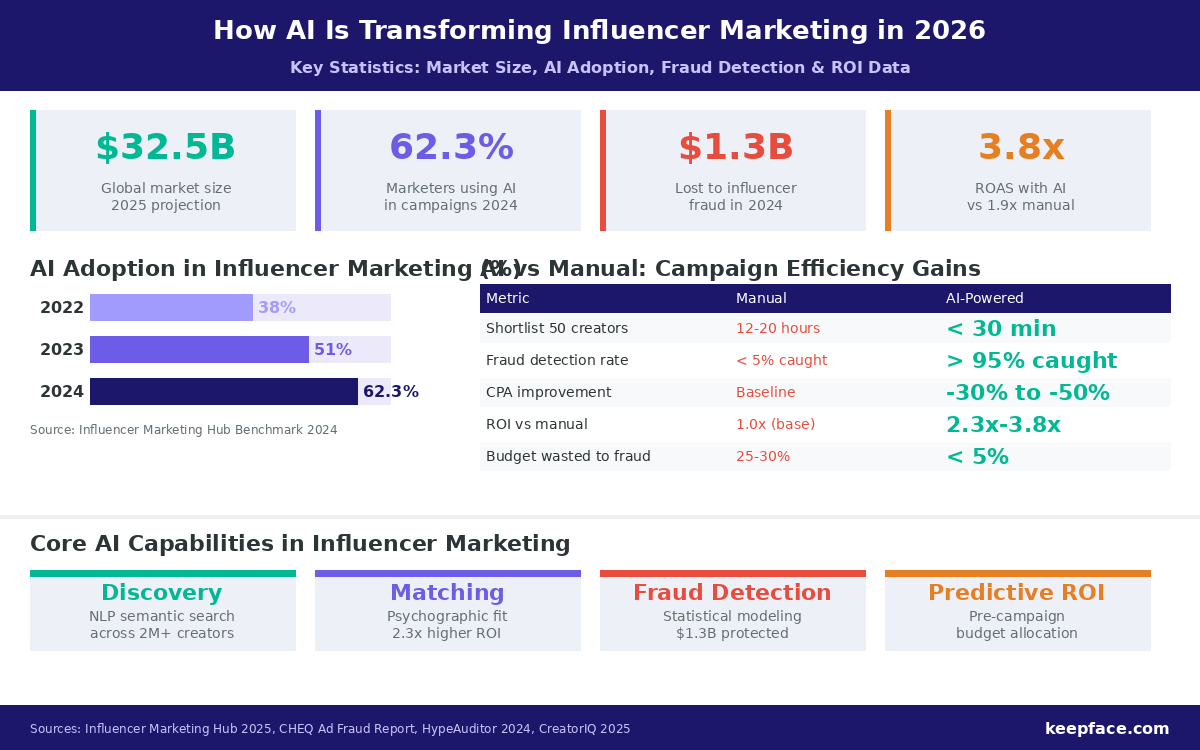 AI influencer marketing 2026 infographic showing 32.5 billion dollar global market size 62.3 percent AI adoption rate 1.3 billion dollar fraud losses 3.8x ROAS with AI vs 1.9x manual and core AI capabilities