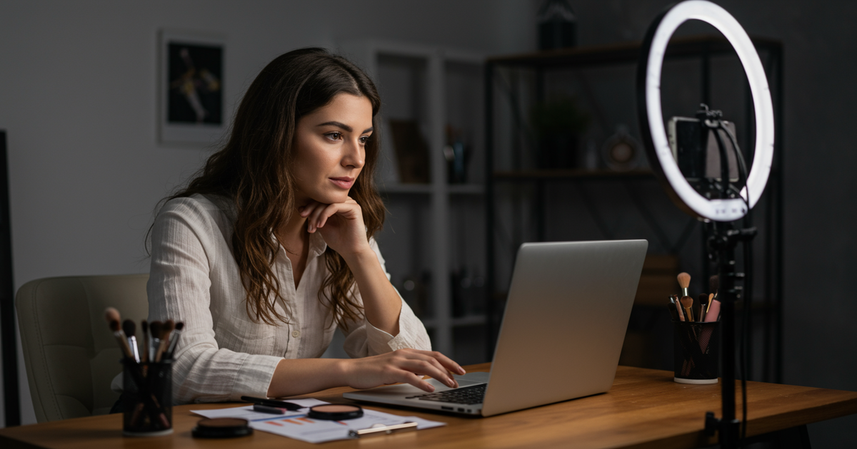 Greek beauty content creator reviewing Instagram influencer marketing analytics for beauty brand campaign — Greece micro influencer ROI data and engagement metrics for 2026 beauty marketing strategy