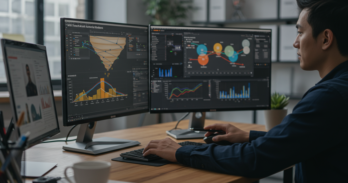 Marketing analyst reviewing multi-touch attribution dashboard with influencer campaign ROI metrics and conversion path data — influencer marketing ROI measurement 2026 analytics workflow