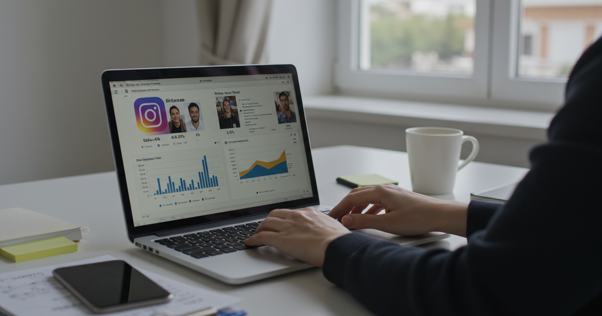 Marketing professional in Athens office reviewing social media analytics dashboard with Instagram and TikTok creator engagement rate metrics for Greece influencer marketing strategy 2026