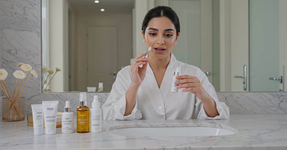 Saudi beauty micro-influencer demonstrating halal skincare routine on Snapchat story in modern Riyadh apartment — authentic creator content Saudi Arabia beauty influencer 2026