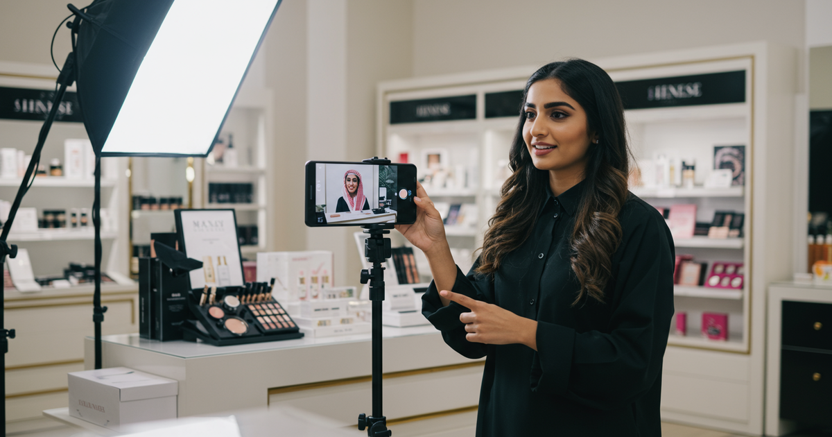 Saudi lifestyle content creator filming Instagram Reels in upscale Riyadh boutique with luxury beauty products — brand collaboration campaign Saudi Arabia 2026