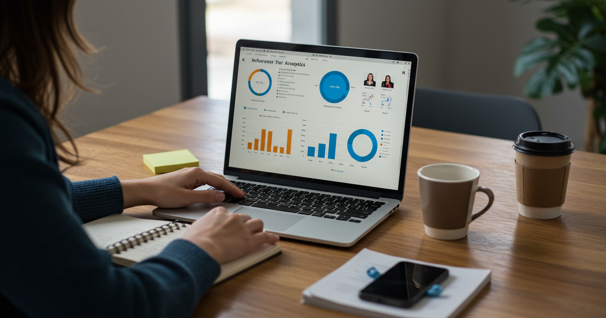 Marketing professional reviewing influencer tier analytics dashboard with engagement rate and follower count metrics for Romania influencer marketing strategy 2026