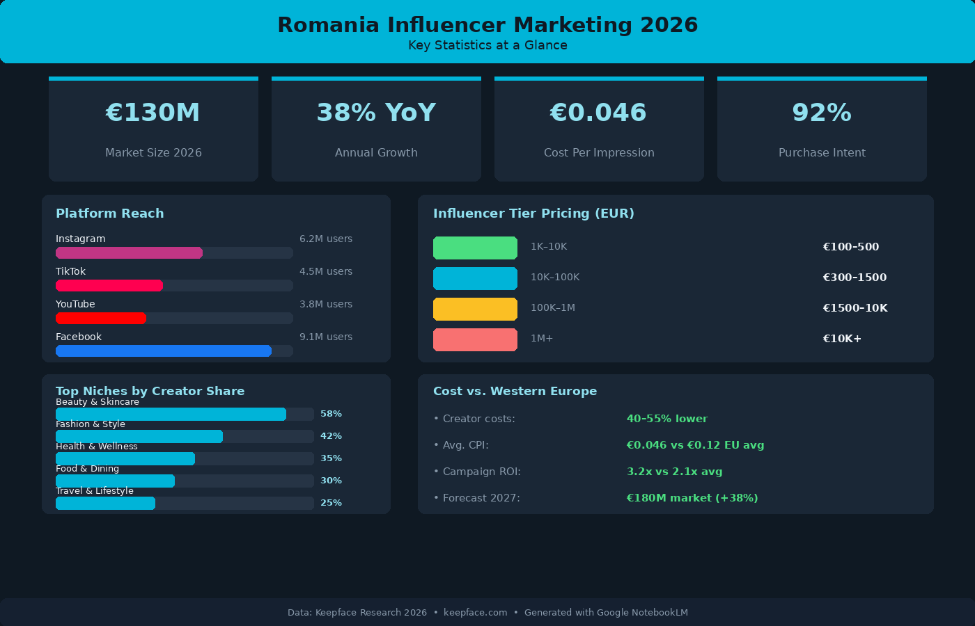 Romania influencer marketing 2026 key statistics infographic showing market size €130M growth rate platforms and pricing tiers