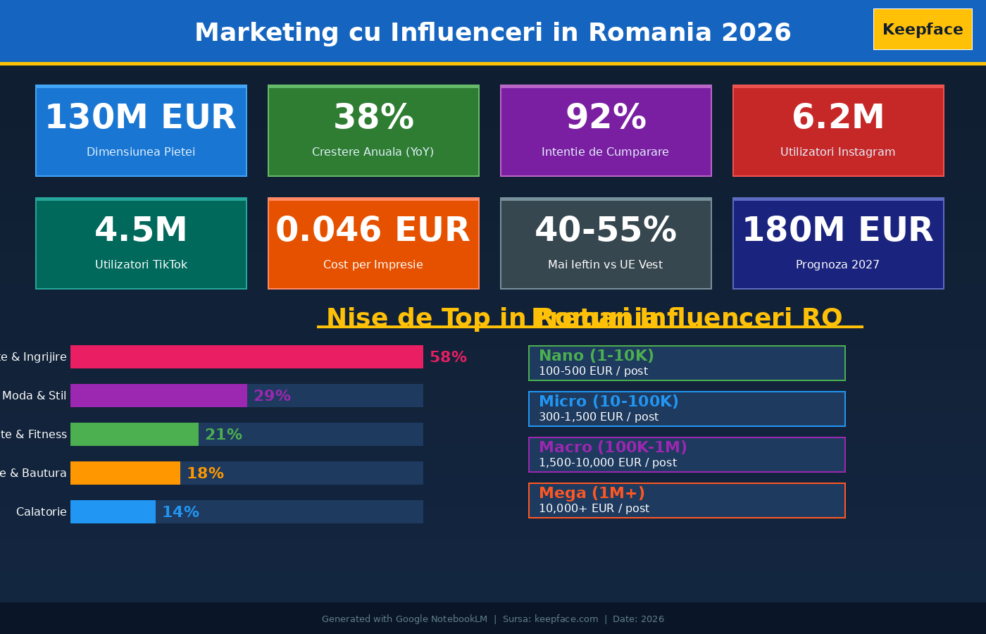 Infografic marketing cu influenceri Romania 2026: dimensiunea pietei 130 milioane EUR, crestere 38% anual, platforme si costuri detaliate