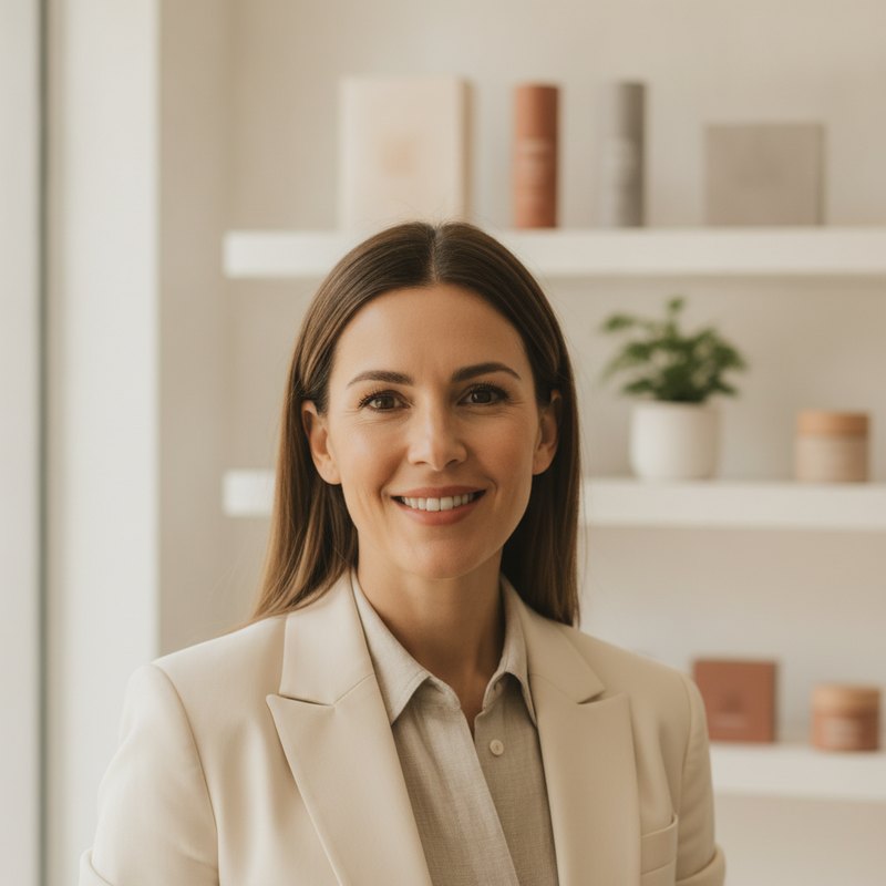 A consumer-goods brand founder in her bright modern showroom-studio