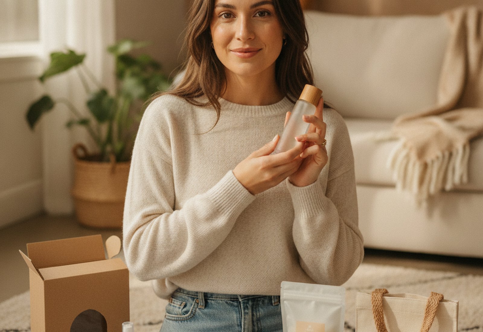 A lifestyle creator holding a consumer goods product in a bright living-room studio