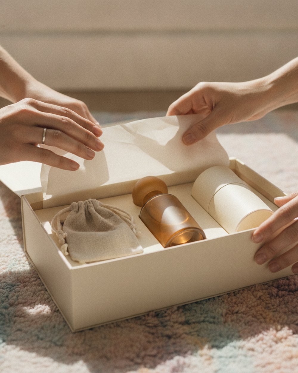 Hands unboxing a premium consumer goods package on a soft pastel rug