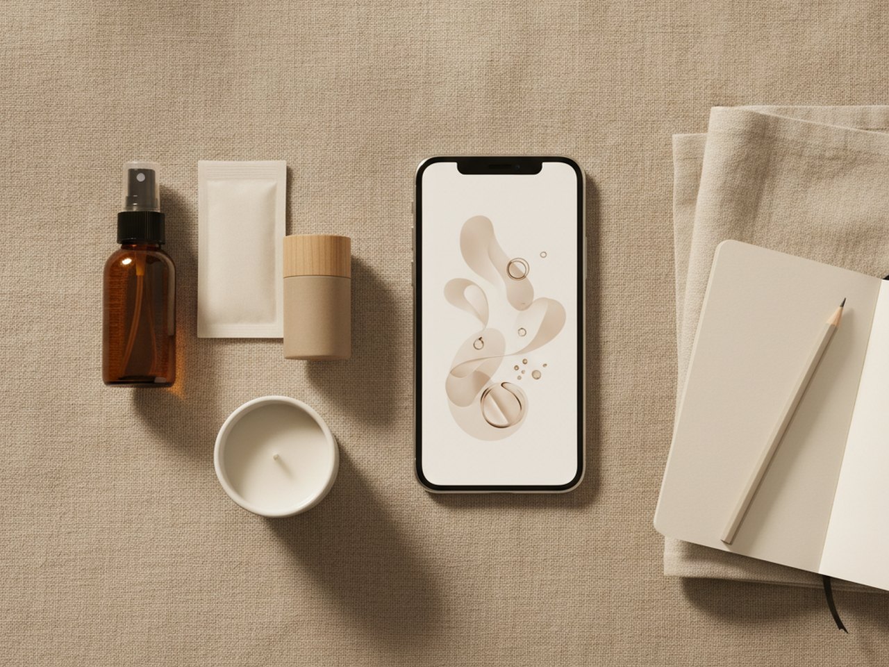 An editorial flatlay of a consumer goods campaign with a phone and product set