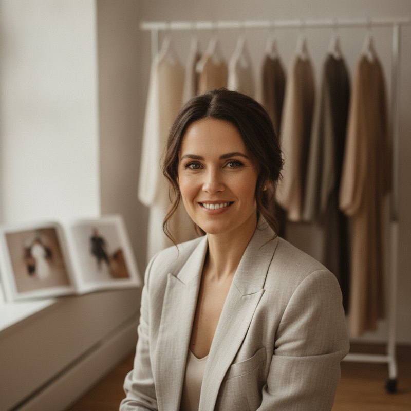 A fashion-brand founder planning an influencer campaign in her studio