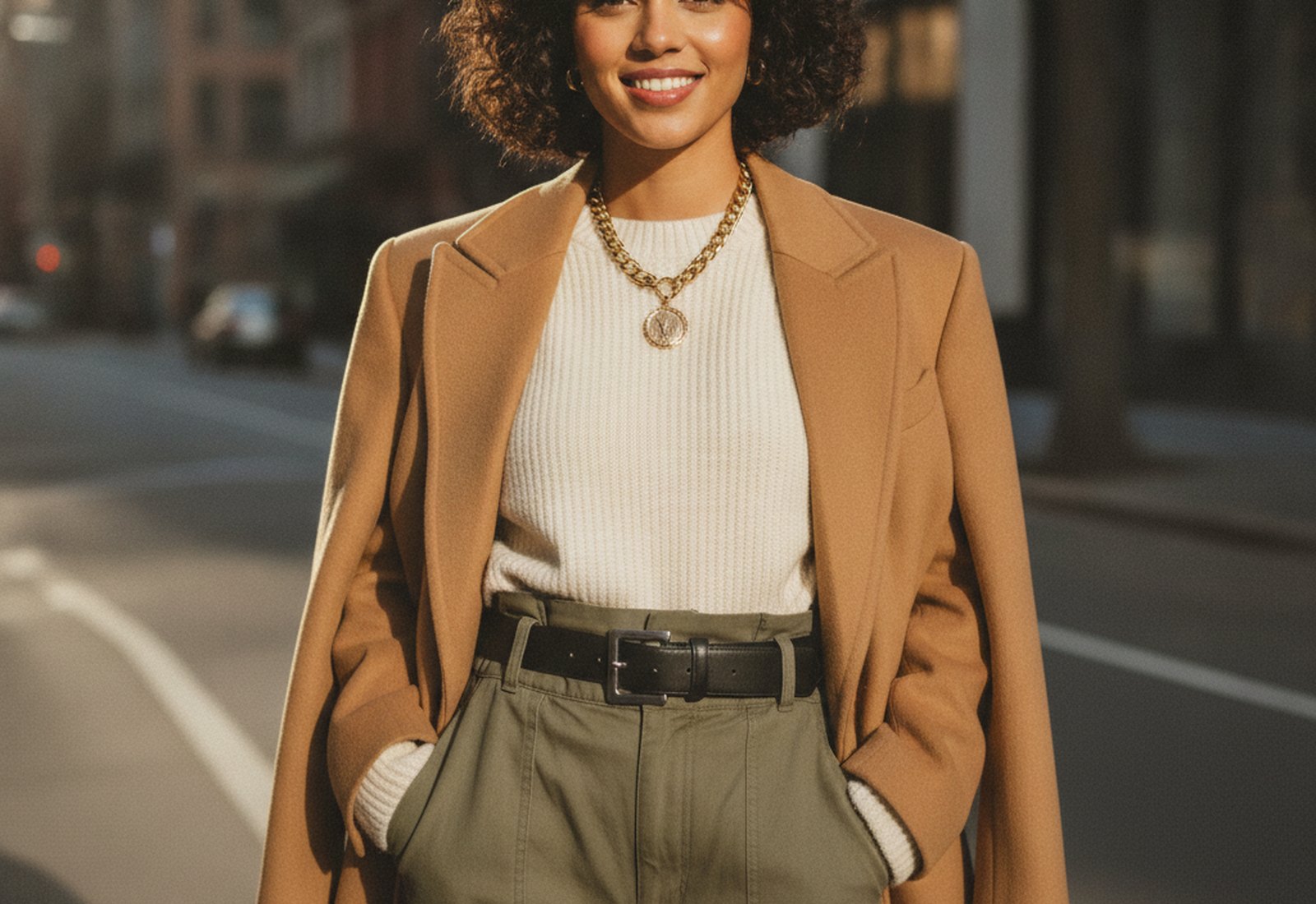 A fashion influencer walking down a sunlit city street in an editorial streetwear look