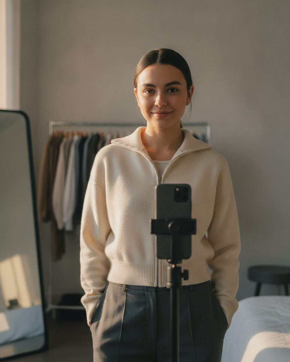 Un creator de modă filmează un outfit reveal într-un dormitor-studio cu lumină blândă