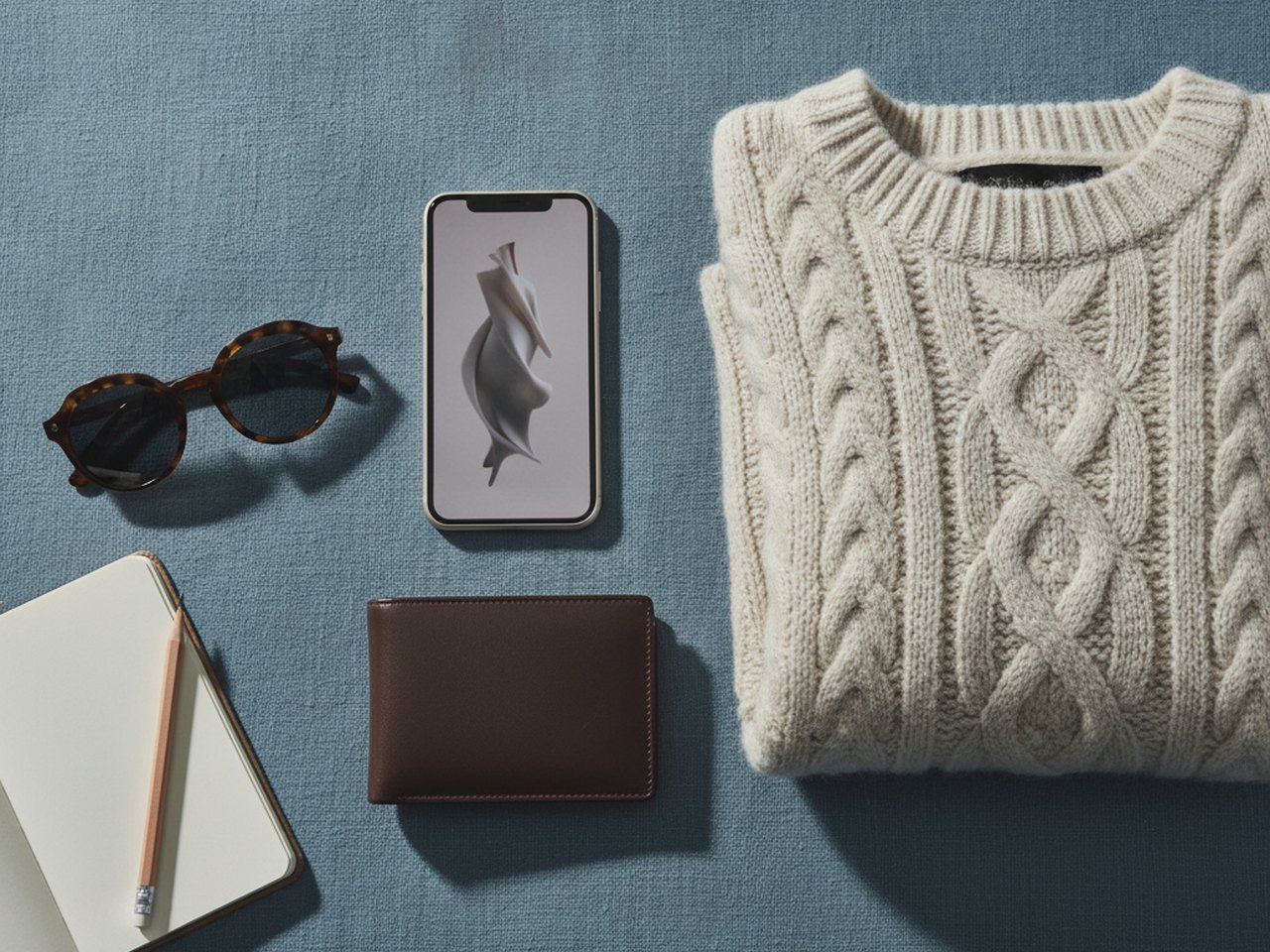 Un flatlay editorial al unei campanii de modă cu telefon și piesă stilizată