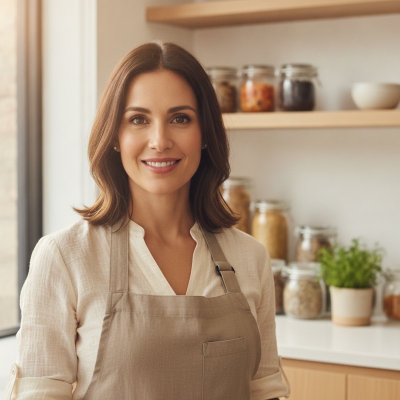 A food-brand founder in her bright modern kitchen showroom planning an influencer campaign