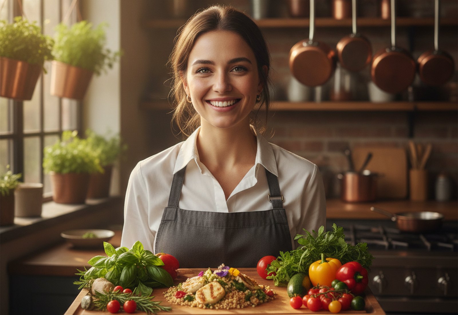 A food creator in a warm sunlit kitchen holding a beautifully plated dish