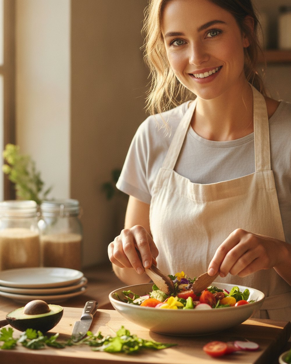 A food creator plating a colorful artisanal salad in a warm sunlit kitchen