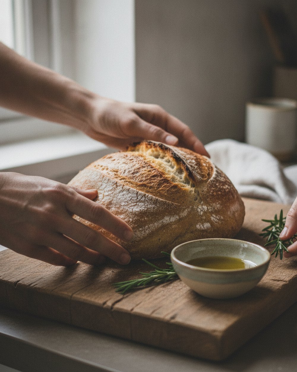 Hands arranging an artisanal sourdough loaf with olive oil and rosemary