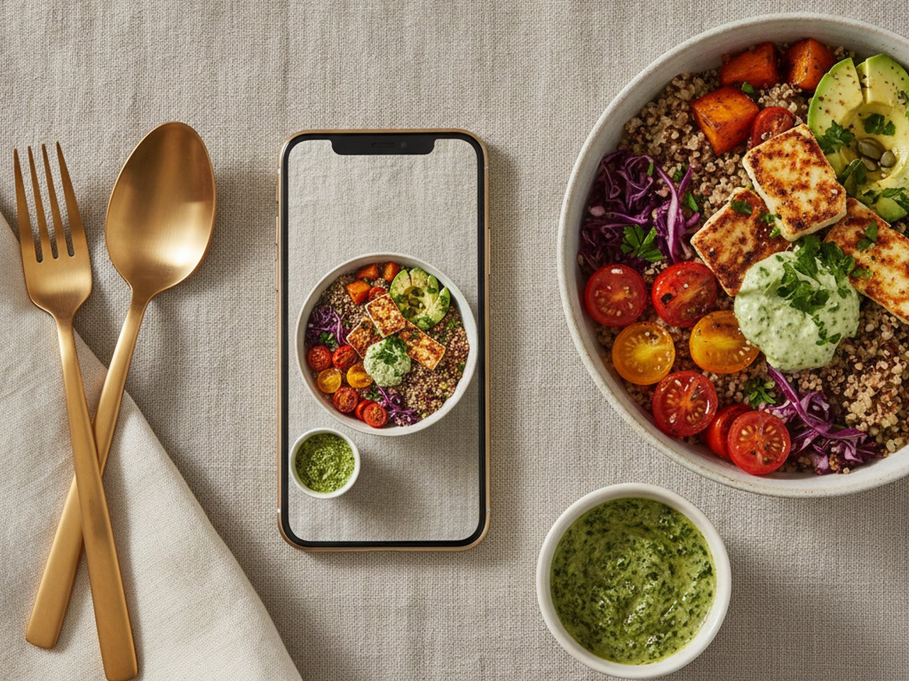 An editorial flatlay of a food campaign with a phone and styled plated dish