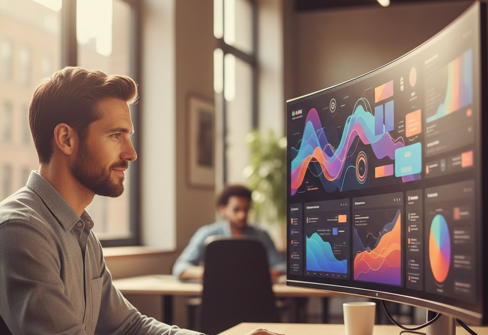 Büyük bir monitörde analitik panolarını inceleyen bir performans pazarlamacısı