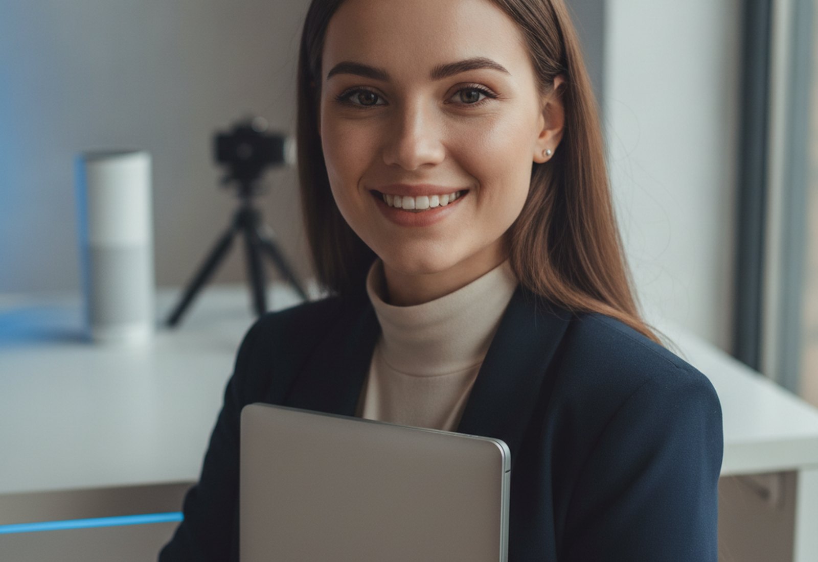 A tech creator in a sleek modern home-office studio holding a laptop