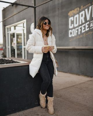 Coffee run in the coziest outfit and JLO Jennifer Lopez boots via @dsw! ☕️🤍💫- # ad These boots are the most comfortable thing in the world! So perfect for those winter cold days! I'm slightly obsessed with the color and faux fur details! Shop with the link on my IG stories! Use code 