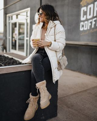 Coffee run in the coziest outfit and JLO Jennifer Lopez boots via @dsw! ☕️🤍💫- # ad These boots are the most comfortable thing in the world! So perfect for those winter cold days! I'm slightly obsessed with the color and faux fur details! Shop with the link on my IG stories! Use code 