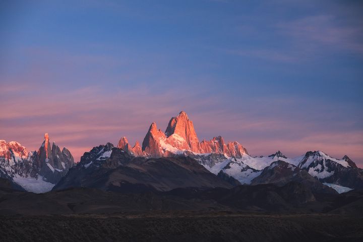 First light on Mount Fitz Roy in Argentina.