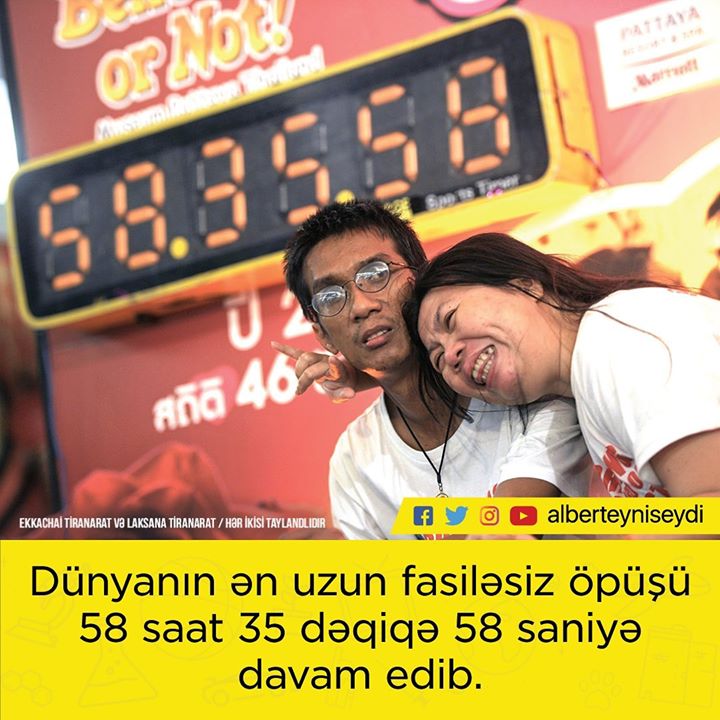 Bu rekord 2013-cü ildə taylandlı Ekkachai Tiranarat və Laksana Tiranarat cütlüyünə məxsusdur. Hələ ki, onların rekordunu qıran olmayıb.

Mənbə: Guinness World Records

#öpüşmək #rekord #dünyarekordu
